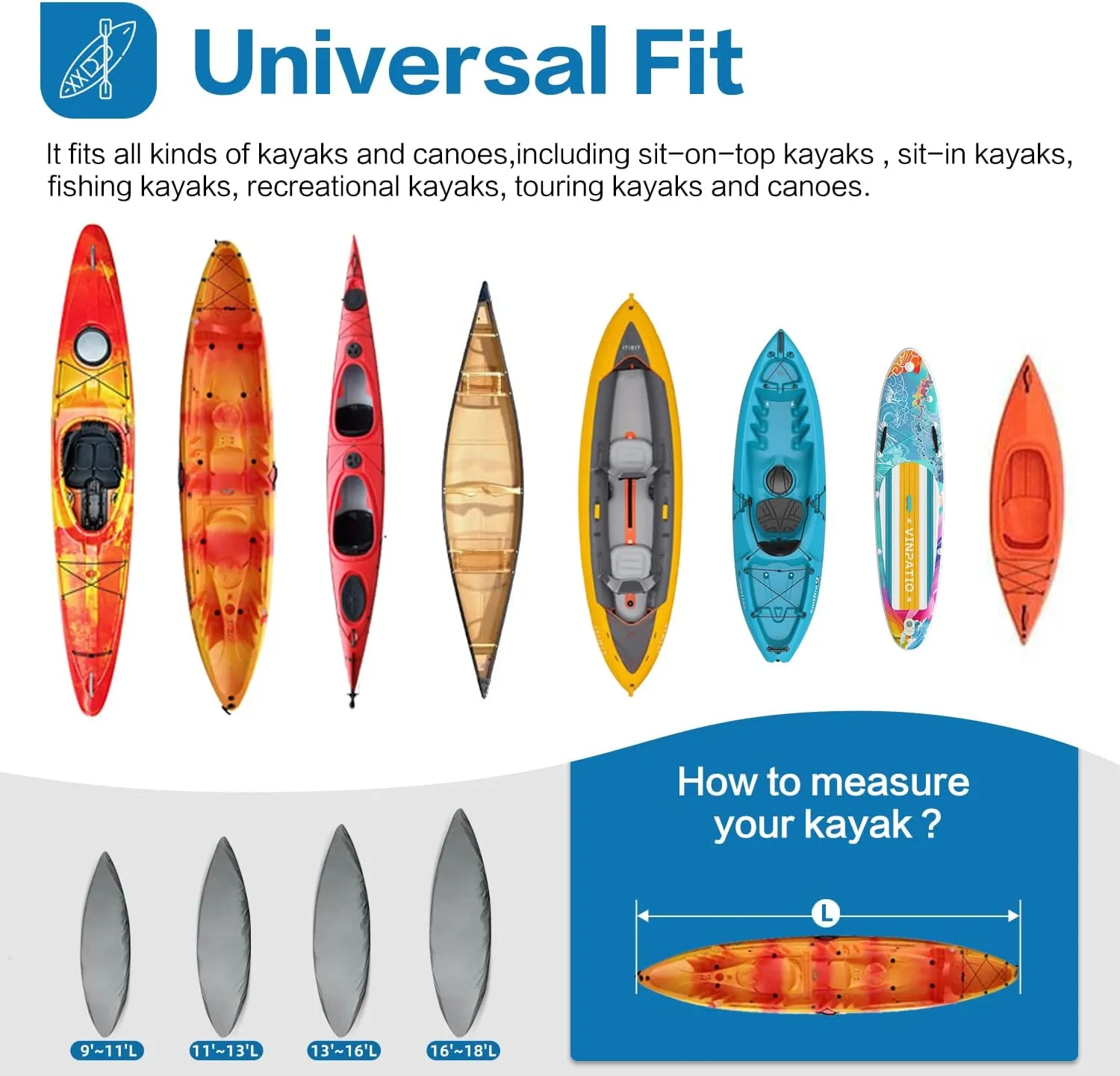 600D Kayak Cover 13-16 ft, Canoe Paddle Board Sup Cover for Outdoor Storage, Waterproof UV Protection Dust Boat Cover for Fishing Boat, Grey