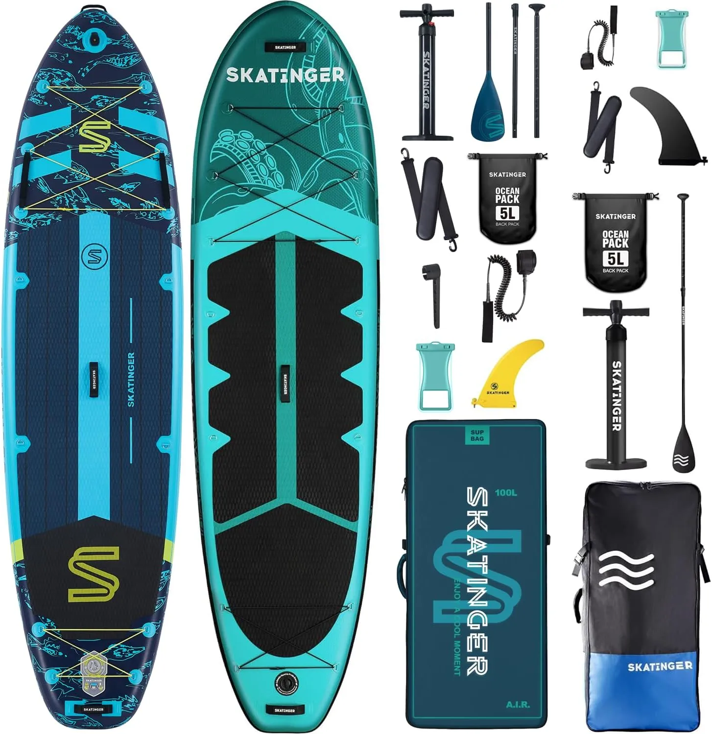 Asiaticus & Octopus11'6"x35" & 11'x34 Super Wide Inflatable Stand Up Paddle Boards, All Accessories2, 100L Backpack, Shoulder Strap, US Center fin, 2-Action Pump