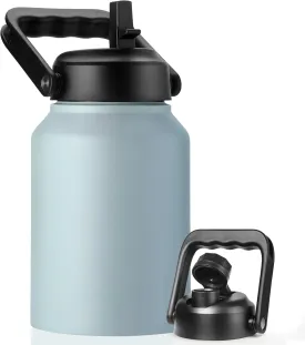 Half Gallon Insulated Water Bottle Jug with Straw, 64 oz Large Stainless Steel Sports Metal Water Flask with Handle, Thermal Water Cup Mug with 2 Lids, Sage