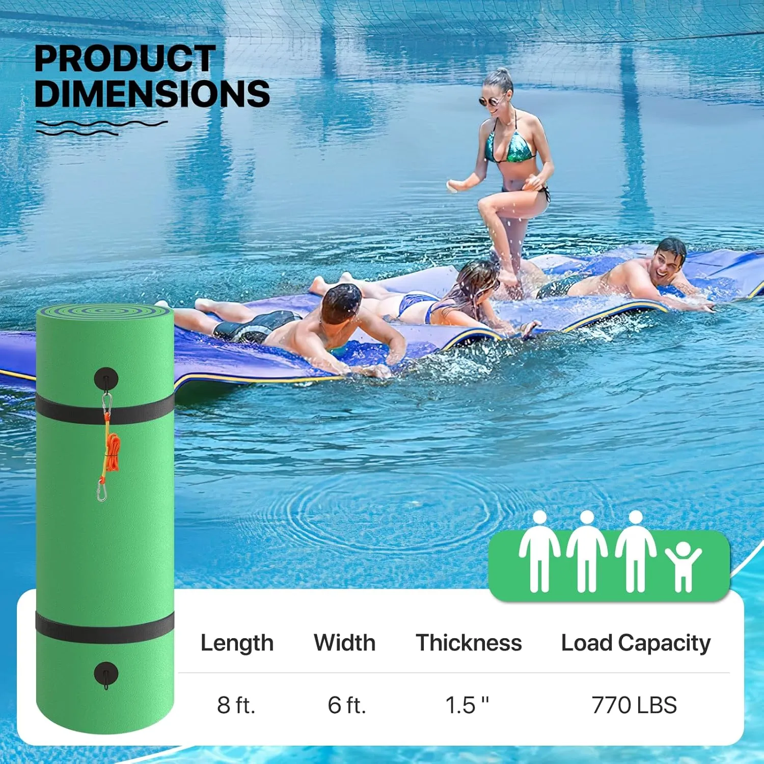 MADOG 8 x 6 Ft Outdoor Floating Water Mat for Adult Beach Lake Ocean Swimming Pool Large Size 3 Layer Tear Resistant XPE Foam Giant Swim Tanning Float Island Pad Raft Recreation Hammock Lounger Green