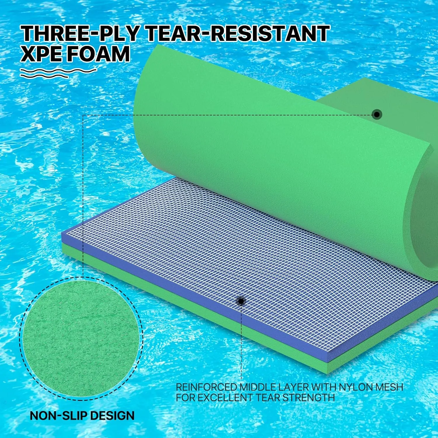 MADOG 8 x 6 Ft Outdoor Floating Water Mat for Adult Beach Lake Ocean Swimming Pool Large Size 3 Layer Tear Resistant XPE Foam Giant Swim Tanning Float Island Pad Raft Recreation Hammock Lounger Green