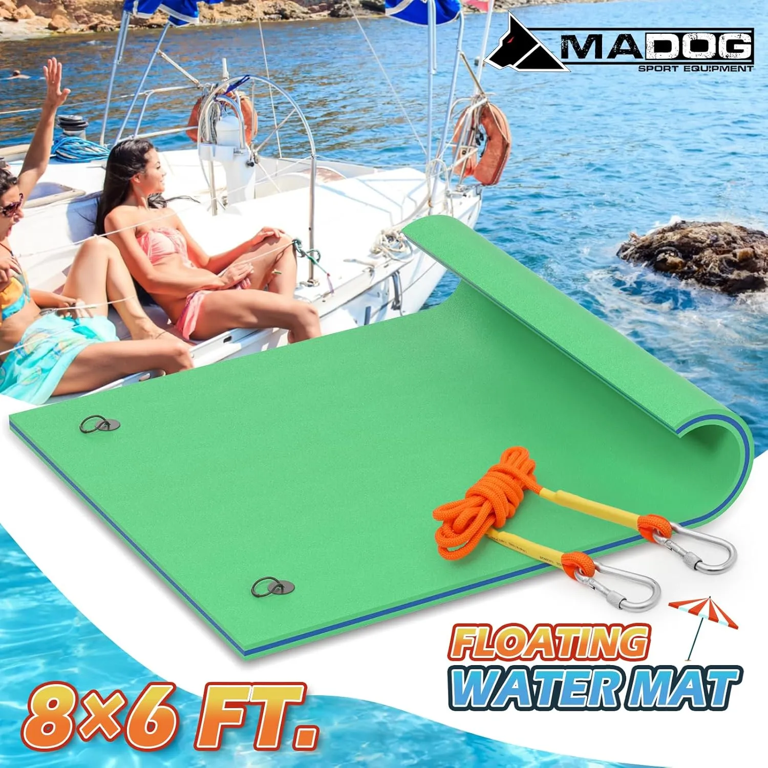 MADOG 8 x 6 Ft Outdoor Floating Water Mat for Adult Beach Lake Ocean Swimming Pool Large Size 3 Layer Tear Resistant XPE Foam Giant Swim Tanning Float Island Pad Raft Recreation Hammock Lounger Green