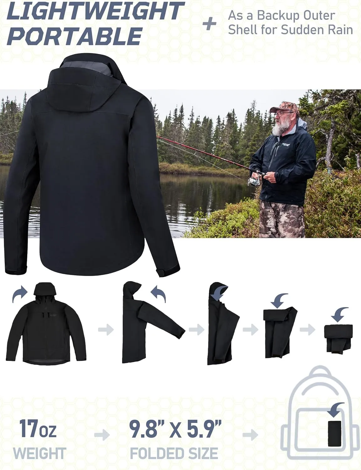 NEW VIEW Lightweight Rain Jackets for Men Waterproof with Hood, Hard Shell Stretch Rain Coat for Outdoor Travel