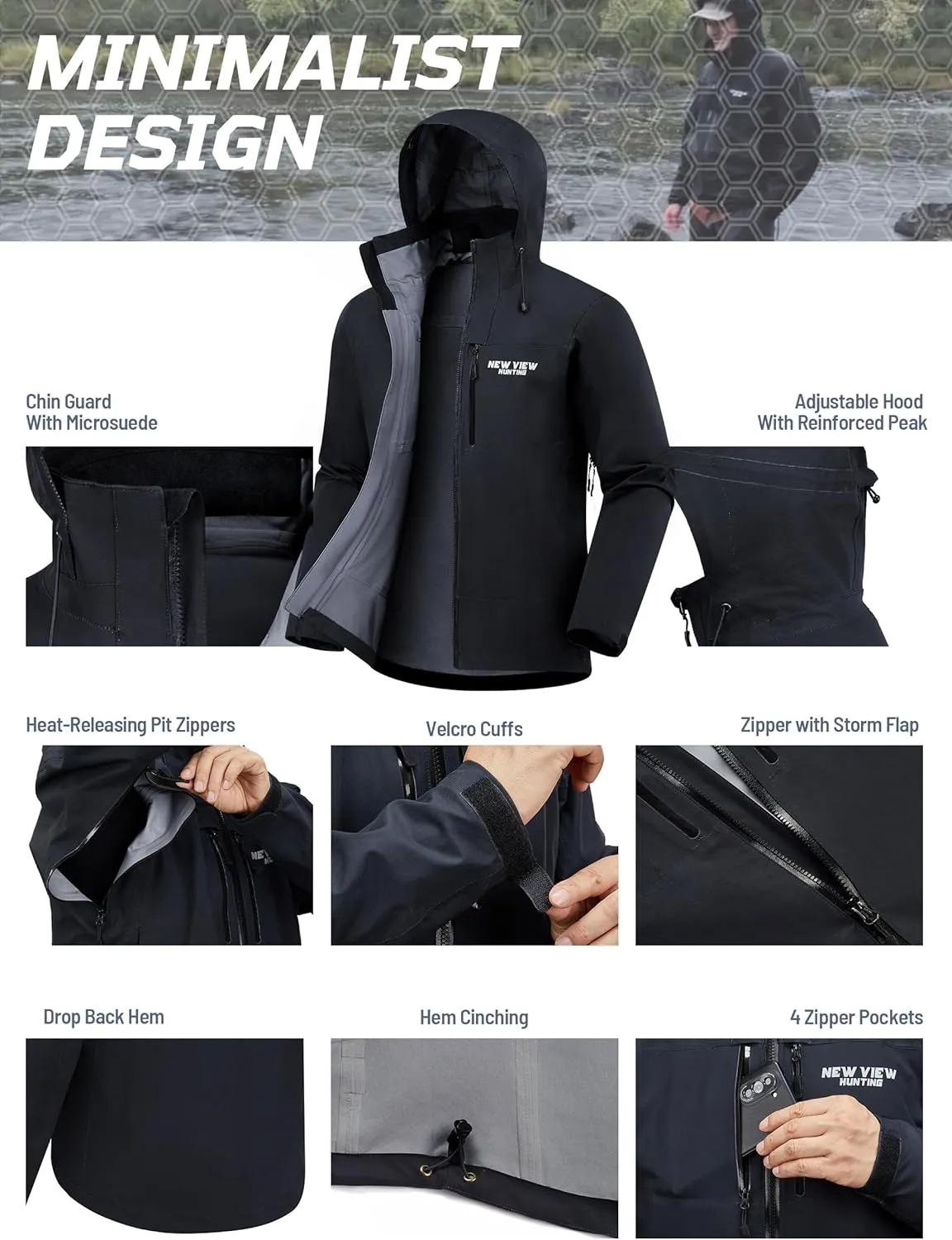 NEW VIEW Lightweight Rain Jackets for Men Waterproof with Hood, Hard Shell Stretch Rain Coat for Outdoor Travel