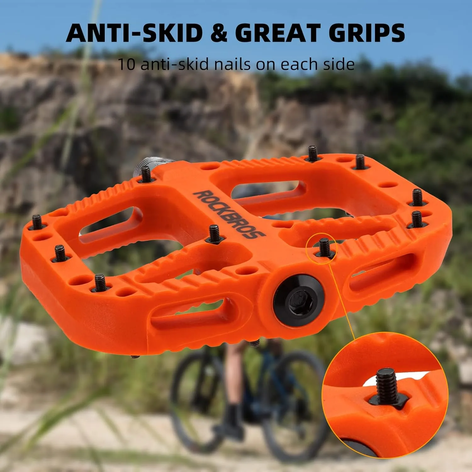 Rock BROS Mountain Bike Pedals Nylon Composite Bearing 9/16" MTB Bicycle Pedals with Wide Flat Platform