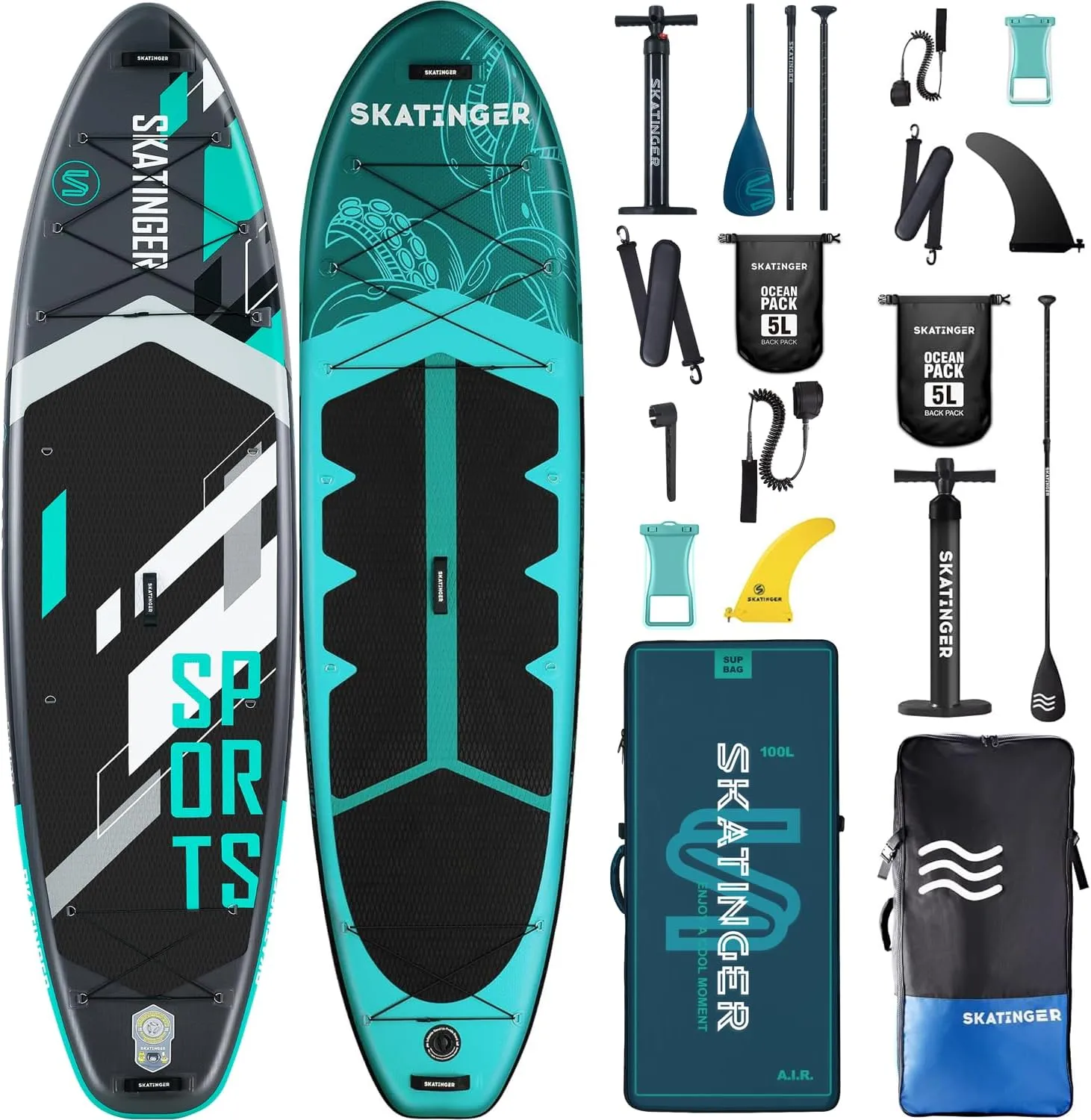 Sports & Octopus11'6"x35" & 11'x34 Super Wide Inflatable Stand Up Paddle Boards, All Accessories2, 100L Backpack, Shoulder Strap, US Center fin, 2-Action Pump